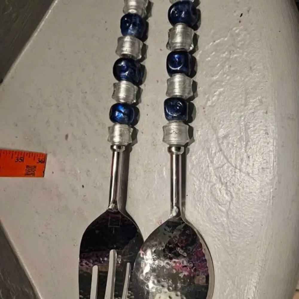 Jumbo Salad Servers Hammered and Beaded with Blue and Clear Glass Art Beads